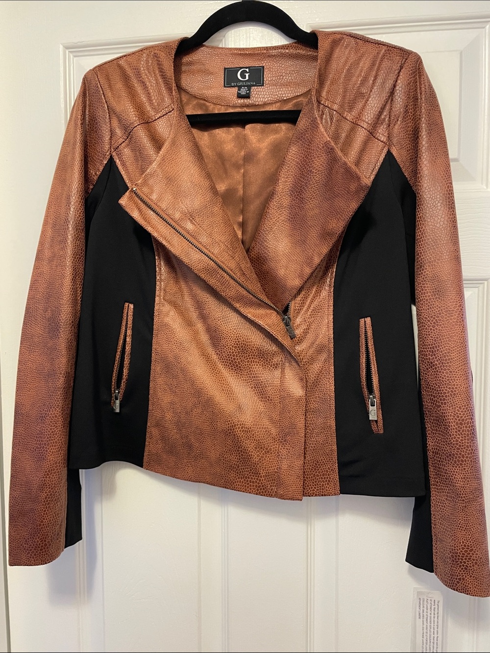 G by GiulianaTwo-Tone Brown and Black Faux Leather Moto Jacket
